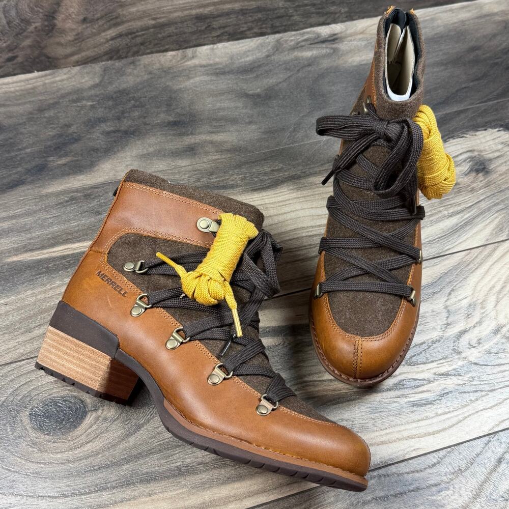 NIB Merrell Shiloh II 7M Lace Up Warm Full Grain Leather Ankle Boots Oak Brown